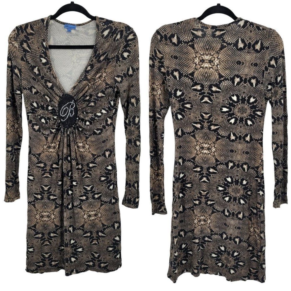 Vintage‎ 90s Bluemarine Bodycon Dress M Brown Plunging V Logo Ruched Snake Italy